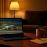 Suasana menonton balapan Formula 1 dari rumah lewat laptop di ruang keluarga