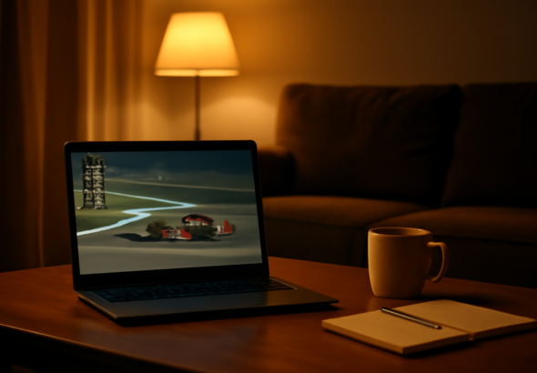 Suasana menonton balapan Formula 1 dari rumah lewat laptop di ruang keluarga