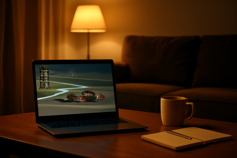 Suasana menonton balapan Formula 1 dari rumah lewat laptop di ruang keluarga