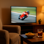 Ruangan nyaman dengan kursi dan TV untuk menonton balapan MotoGP di rumah