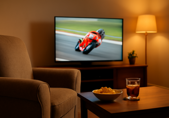 Ruangan nyaman dengan kursi dan TV untuk menonton balapan MotoGP di rumah