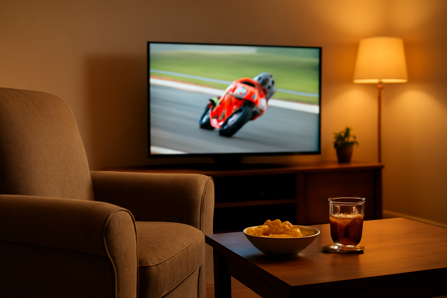 Ruangan nyaman dengan kursi dan TV untuk menonton balapan MotoGP di rumah
