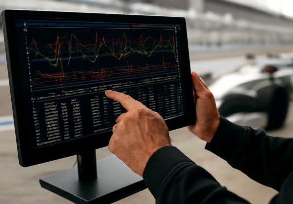 Layar monitor pit wall menampilkan grafik telemetri mobil balap