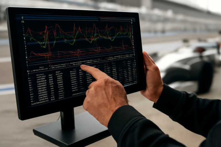 Layar monitor pit wall menampilkan grafik telemetri mobil balap
