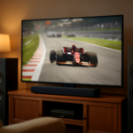 Ruangan nonton balapan F1 dengan sistem audio sinematik di rumah