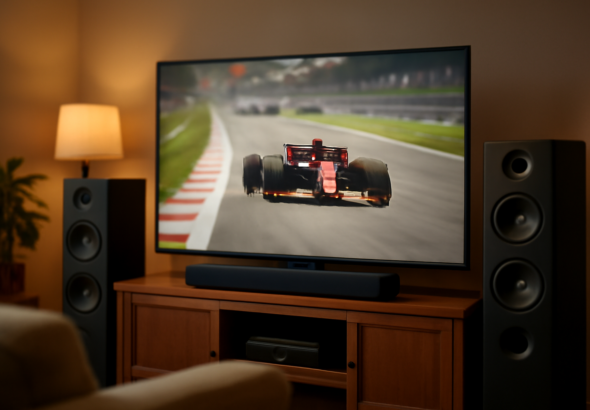 Ruangan nonton balapan F1 dengan sistem audio sinematik di rumah