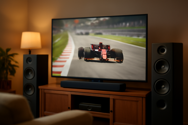 Ruangan nonton balapan F1 dengan sistem audio sinematik di rumah