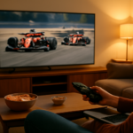 Seseorang menonton balapan Formula 1 di rumah melalui streaming di TV ruang keluarga