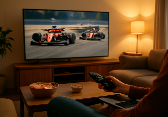 Seseorang menonton balapan Formula 1 di rumah melalui streaming di TV ruang keluarga