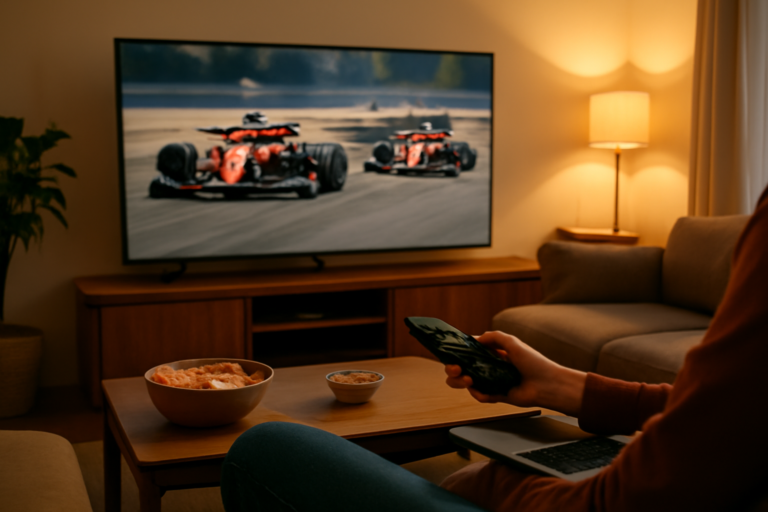 Seseorang menonton balapan Formula 1 di rumah melalui streaming di TV ruang keluarga
