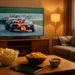 Suasana ruang tamu dengan TV menayangkan balapan Formula 1, camilan di meja, dan tablet sebagai perangkat pendukung.