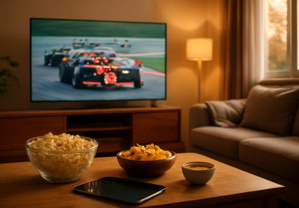 Suasana ruang tamu dengan TV menayangkan balapan Formula 1, camilan di meja, dan tablet sebagai perangkat pendukung.