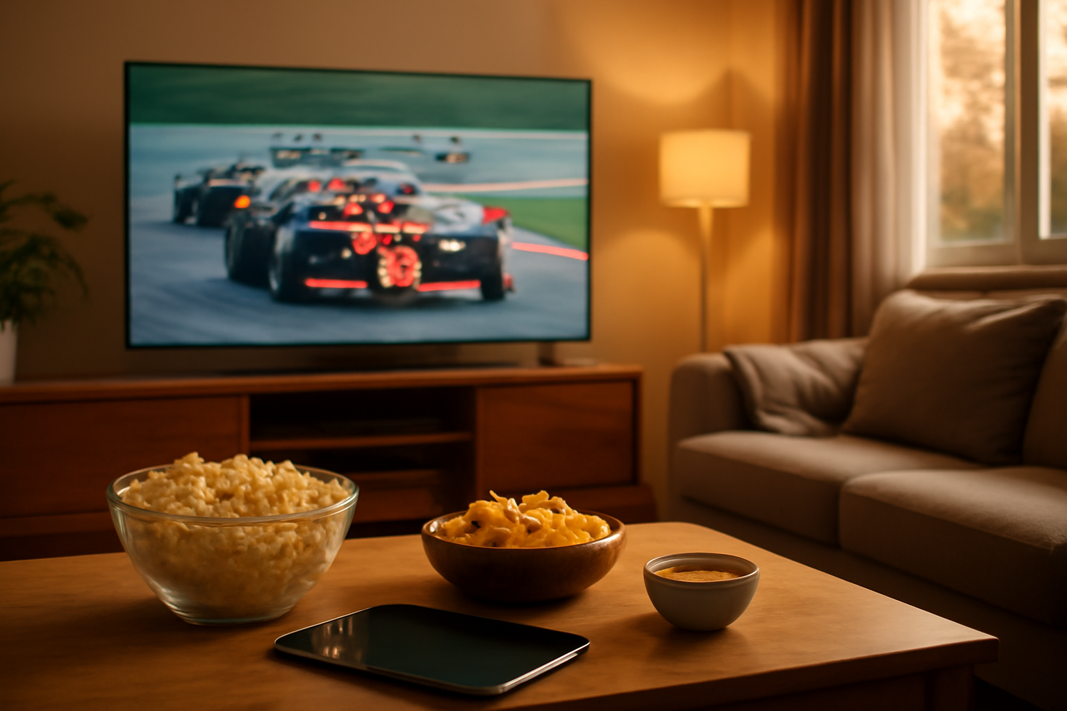 Suasana ruang tamu dengan TV menayangkan balapan Formula 1, camilan di meja, dan tablet sebagai perangkat pendukung.