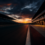 Sirkuit balap motor saat senja dengan tribun penonton dan lampu pit lane menyala