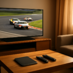 Ruang tamu dengan televisi menayangkan balapan motorsport dan tablet di meja