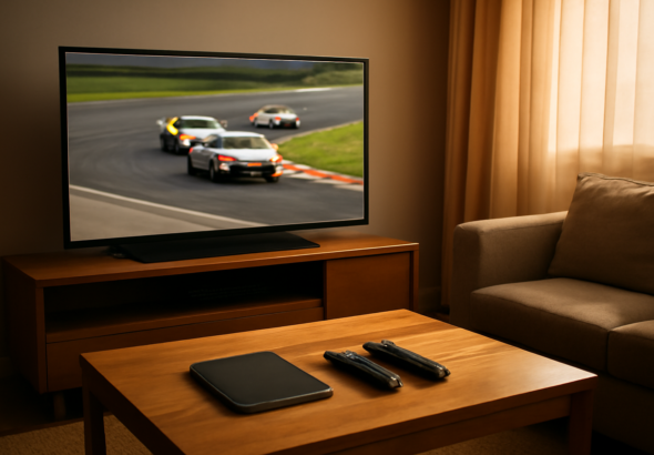 Ruang tamu dengan televisi menayangkan balapan motorsport dan tablet di meja
