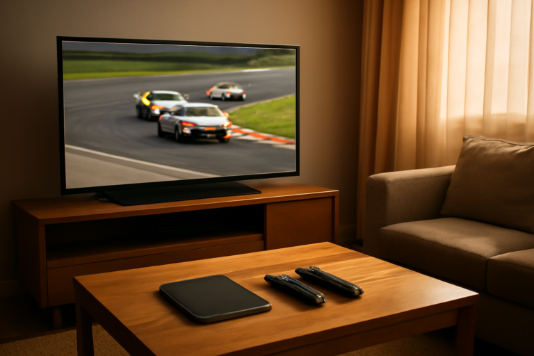 Ruang tamu dengan televisi menayangkan balapan motorsport dan tablet di meja