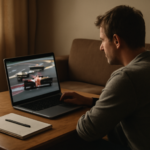 Seseorang menonton balapan Formula 1 di laptop sambil mencatat hal penting