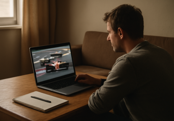 Seseorang menonton balapan Formula 1 di laptop sambil mencatat hal penting