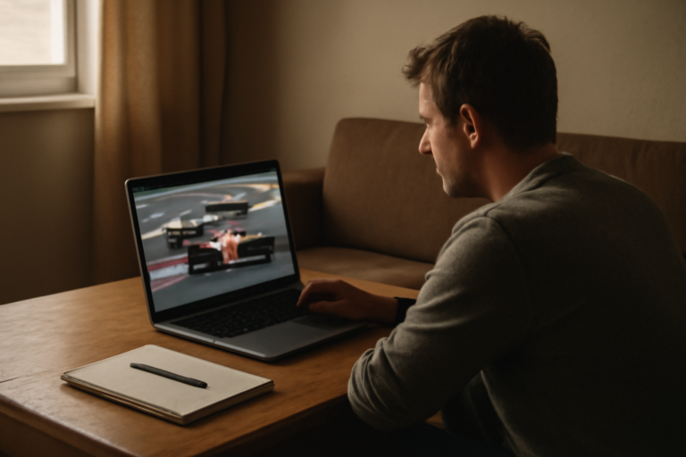 Seseorang menonton balapan Formula 1 di laptop sambil mencatat hal penting