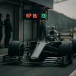 Mobil Formula 1 memasuki pit lane saat sesi latihan bebas dengan layar timing di latar belakang