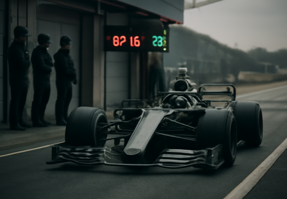 Mobil Formula 1 memasuki pit lane saat sesi latihan bebas dengan layar timing di latar belakang