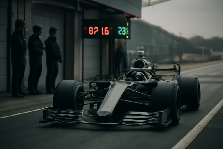 Mobil Formula 1 memasuki pit lane saat sesi latihan bebas dengan layar timing di latar belakang